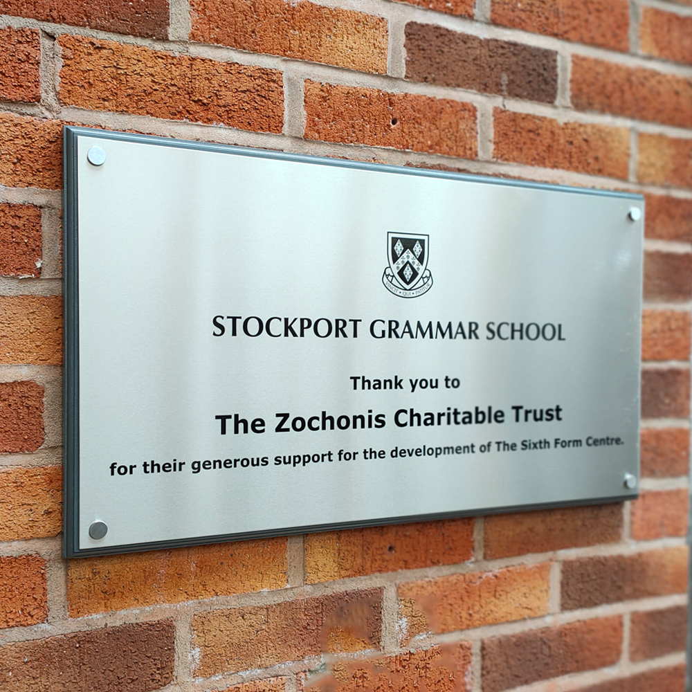 Brushed Stainless Steel Plaque with Grey Wooden Plinth