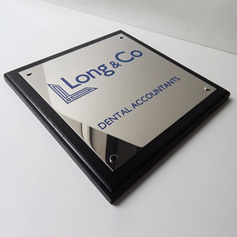 Polished Stainless Steel  Plaque with Black Wooden Plinth