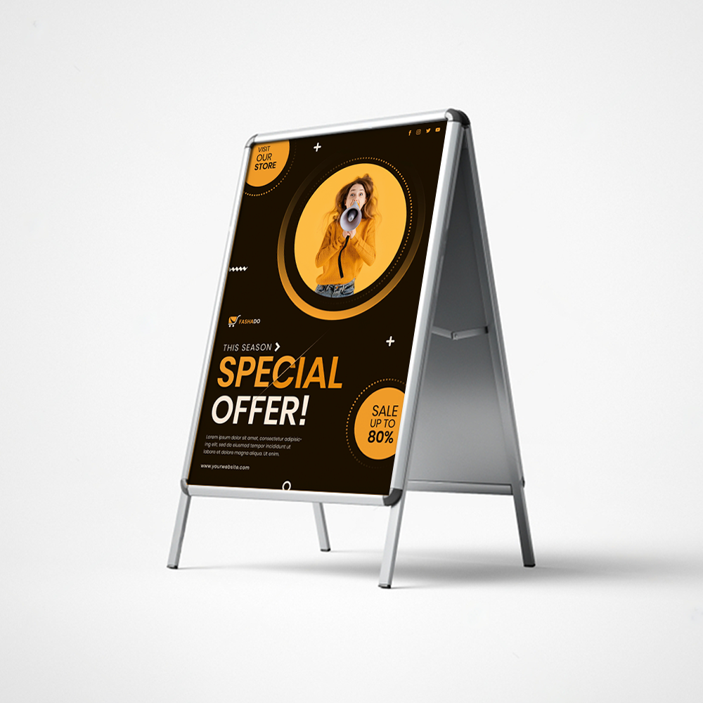 A board showing one side of a double-sided sign display