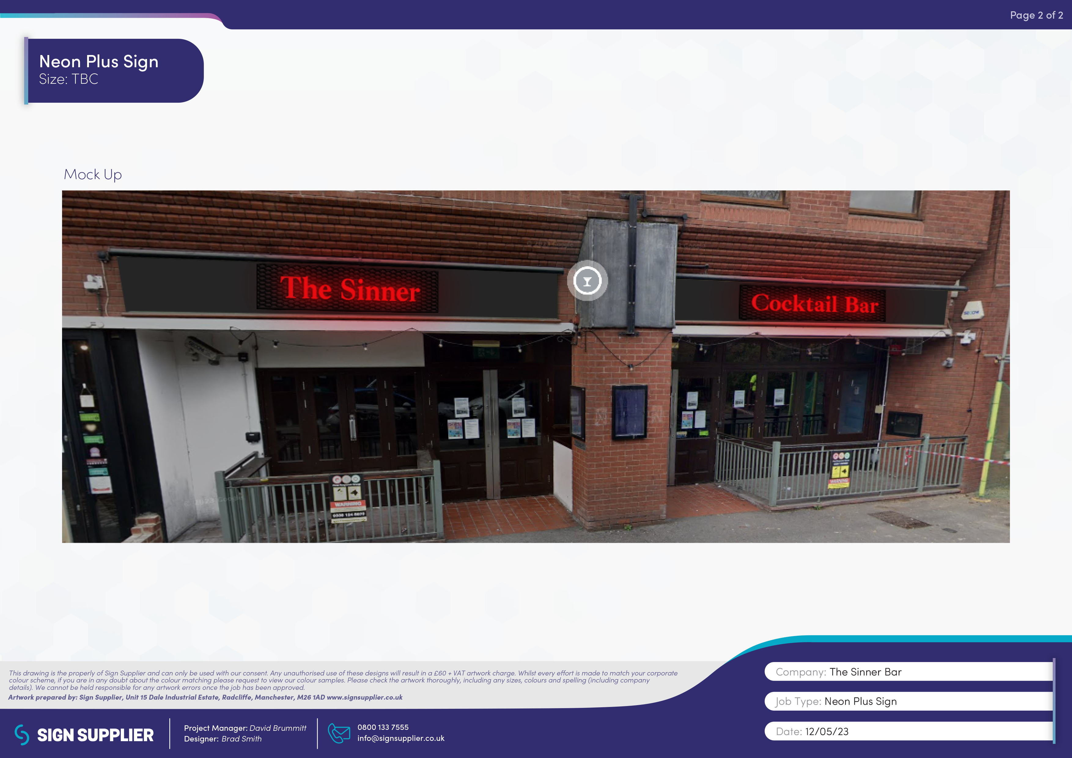 Signage design proof for The Sinner Bar